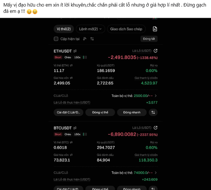 A trading platform interface showing massive losses, with ETHUSDT down -2,491.8035 (-1338.48%) and BTCUSDT down -6,890.0082 (-2337.95%), accompanied by Vietnamese text advising caution.
