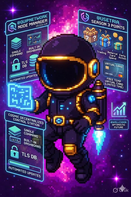 The image features a cartoon depiction of an astronaut wearing a helmet and holding a rocket ship while floating in space. The background of the image is purple and filled with stars, giving it a futuristic appearance. In the bottom right corner of the image, there are text elements that provide information about the post, including details about the artist, the title "The future of digital finance isn' t just about speed, it's about accessibility, transparency, and real-world utility @quipnetwork".