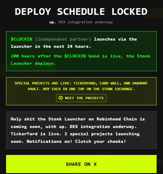 An update graphic titled 'DEPLOY SCHEDULE LOCKED' announcing that $CLOCKIN launches in 24 hours and details other Stonk Exchange projects like TickerYard, Card Wall, and Oakmont Vault.