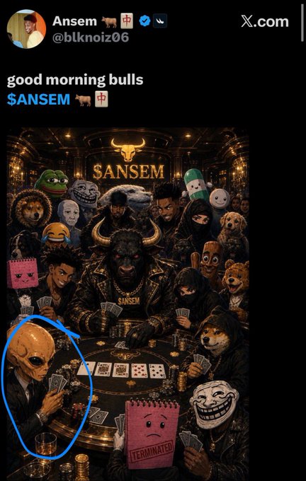 A tweet from Ansem (@blknoiz06) saying 'good morning bulls $ANSEM' featuring AI-generated artwork of a bull-headed character presiding over a dark poker table with various meme characters (Pepe, Wojak, Trollface, alien) playing cards.