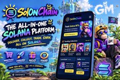 A promotional graphic for 'Solonchain' advertising it as 'THE ALL-IN-ONE SOLANA PLATFORM' to discover, collect, trade, and earn, featuring a phone mockup with a cartoon character.