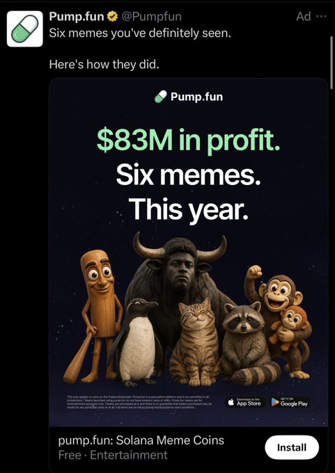 A Twitter/X ad from @Pumpfun featuring a $83M profit claim with six viral memes pictured, promoting their Solana meme coins app available on App Store and Google Play.