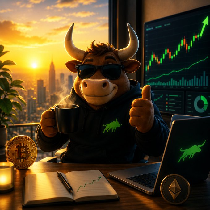 An AI-generated illustration of a bull wearing sunglasses and a hoodie giving a thumbs up, holding a coffee mug, with cryptocurrency coins (Bitcoin and Ethereum) and an upward-trending chart visible in a high-rise office setting at sunset.
