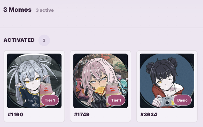 A NFT collection display titled "3 Momos · 3 active" showing three activated Momo profile pictures (#1160, #1749 Tier 1, and #3634 Basic) featuring anime-style characters.