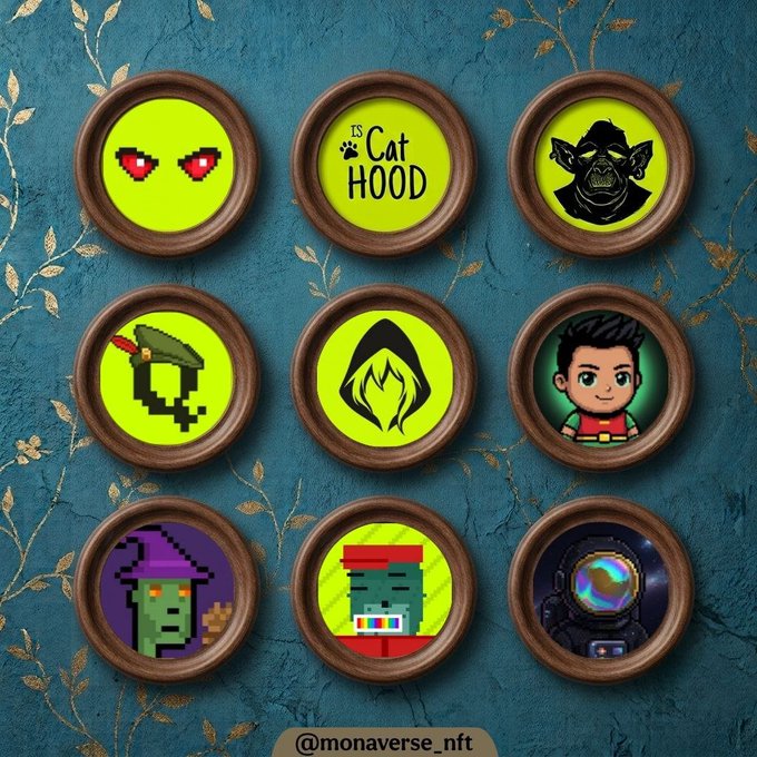 A collection of nine circular NFT icons arranged in a grid on a teal background with gold leaf patterns, including a 'Cat Hood' logo and various character designs, watermarked '@monaverse_nft'.