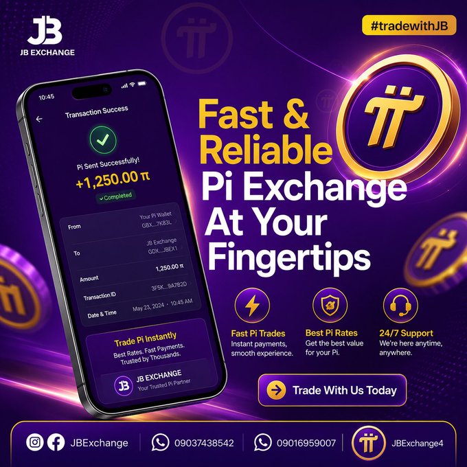 Advertisement for JB Exchange Pi cryptocurrency trading service featuring a phone displaying a successful transaction of +1,250.00 π, with hashtags #tradewithJB and contact details.