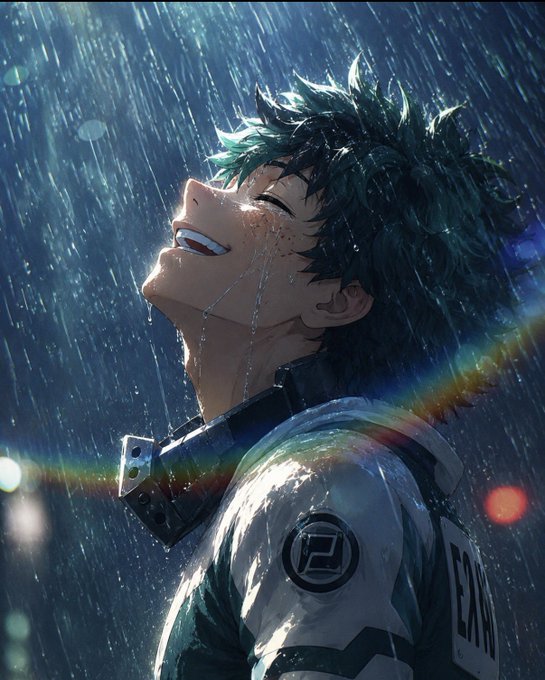 The image features an anime character with green hair standing under a rain shower, smiling and looking up at the sky. The character appears to be enjoying the rain or perhaps seeking shelter from it. There are no texts or other objects present in the image that directly relate to the post.