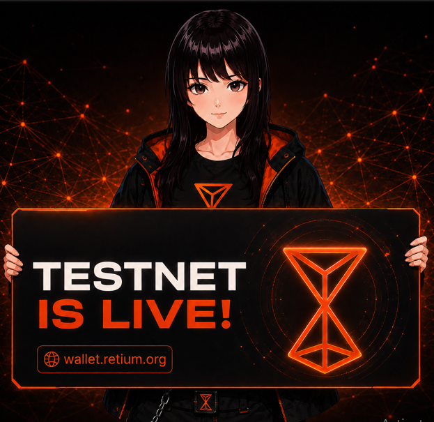 An anime-style girl with black hair holding a sign that reads 'TESTNET IS LIVE!' alongside an orange hourglass logo and the URL wallet.retium.org.
