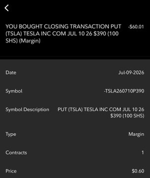 Robinhood app screenshot showing a closing transaction: a PUT on TSLA (Tesla Inc) Jul 10 26 $390, 1 contract at $0.60, dated Jul-09-2026, resulting in -$60.01.