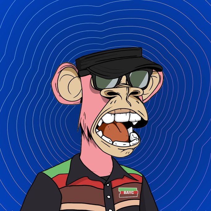 An NFT-style cartoon illustration of a Bored Ape wearing a cap and sunglasses, with a 'BAYC' name tag on its striped shirt, set against a blue wavy background.