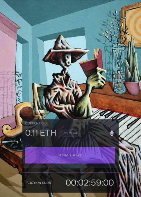 An NFT auction interface overlays a distorted Picasso-style painting of a figure at a piano, showing a current bid of 0.11 ETH (~$272.44) with about 3 hours remaining.