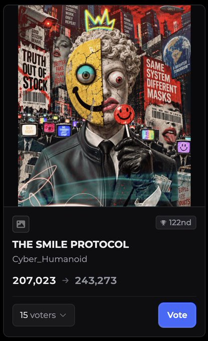 A mobile app voting screen for an NFT titled 'THE SMILE PROTOCOL' by Cyber_Humanoid, showing 207,023 votes and a stylized character with a half-yellow smiley face mask.