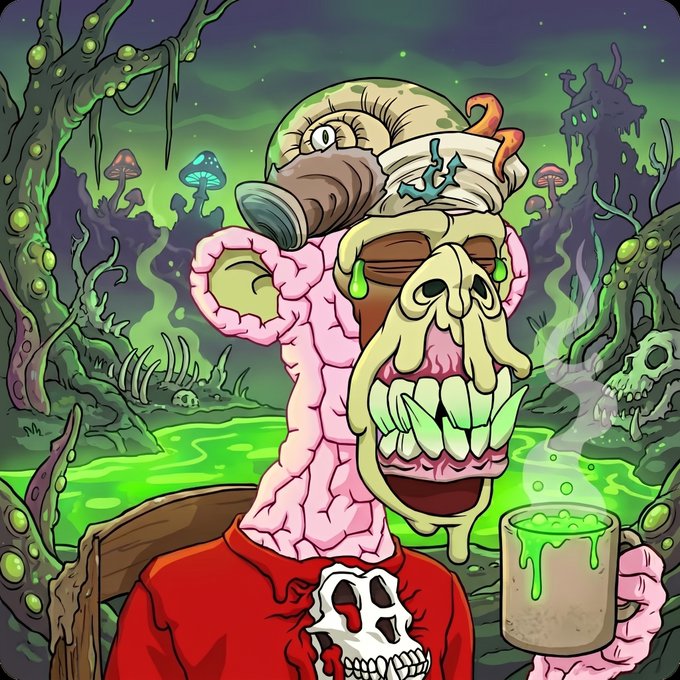 The image features a cartoon character wearing a red shirt, holding a cup of coffee with green liquid inside. The character has a face painted on their forehead that looks like a skull, giving them an eerie appearance. The background includes trees and mushrooms, adding to the overall spooky atmosphere. The post about the @BoredApeYC community is written in the caption above the image, indicating that this scene was created by someone who supports the group.