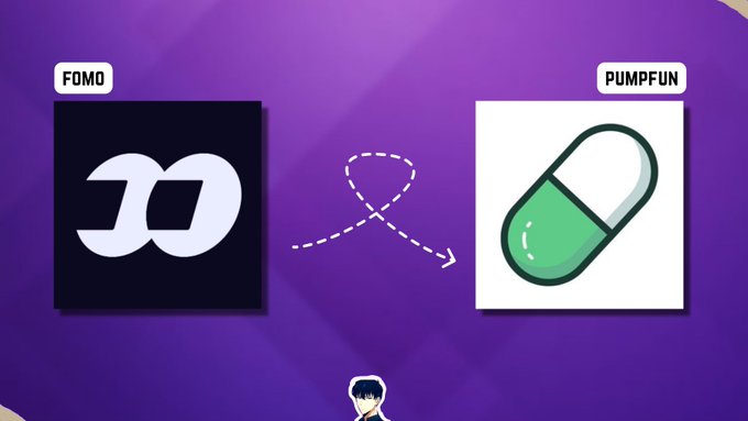 A graphic showing a transition from a logo labeled 'FOMO' to an icon labeled 'PUMPFUN' connected by a dashed arrow on a purple background.