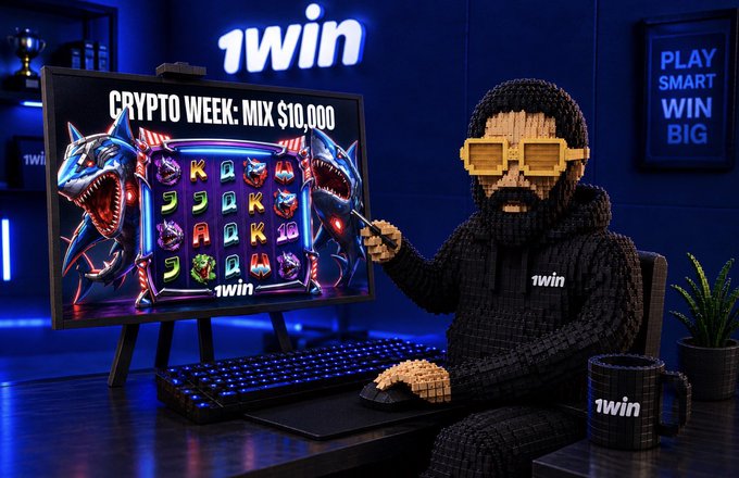A promotional image for '1win' featuring a figure made of blocks wearing pixelated sunglasses and a hoodie, sitting at a gaming setup with a slot machine displaying 'CRYPTO WEEK: MIX $10,000' and shark graphics.