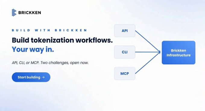 A promotional webpage for Brickken with the headline 'Build tokenization workflows. Your way in,' showing a diagram connecting API, CLI, and MCP to Brickken Infrastructure.