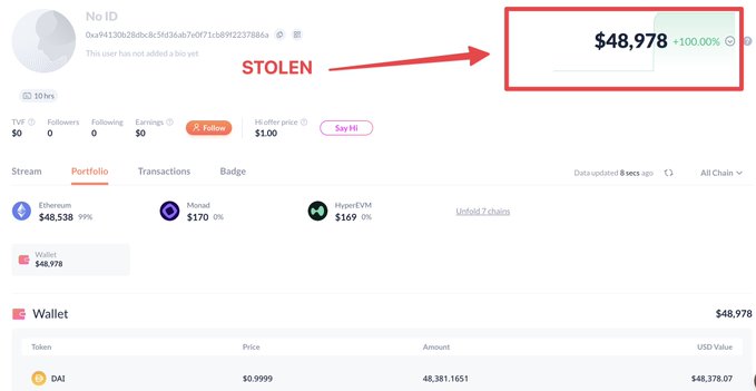 A screenshot of a crypto portfolio with username 'No ID' claiming 'This user has not added a bio yet', with a wallet showing $48,978 and a red arrow labeled 'STOLEN' pointing to the balance.