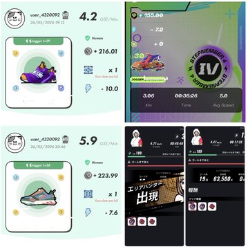The image shows four different posts or pages, each with a pair of shoes displayed. The first page features a purple shoe, while the second page displays an orange shoe. The third page showcases a pink shoe, and the fourth page has a black shoe on display. Each shoe is accompanied by a rating system, indicating its quality or popularity among users. Additionally, there are two posts that discuss the shoes' performance in different activities such as running and walking.