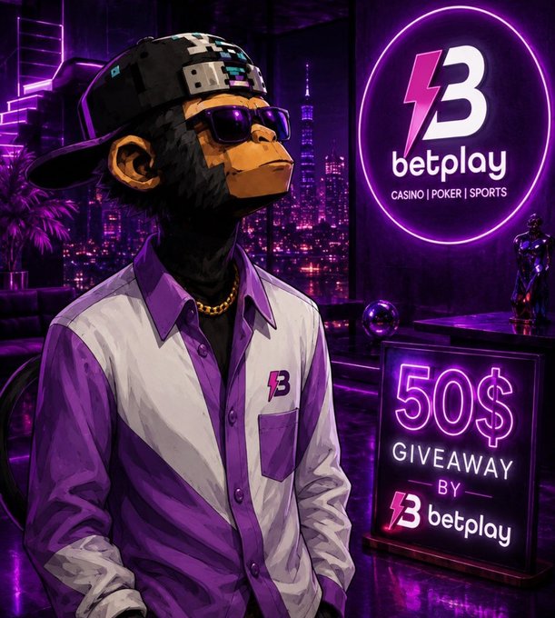 The image features a cartoon monkey wearing sunglasses and a baseball cap with the letters "BET" written on his face. The monkey appears to be standing next to a sign that says "50$ in $SOL by @betplay_io - flw". There is also an additional text below the monkey's head, which reads: "50$ in 
$SOL by @betplay_io - flw -- drop $SOL address below 2 lucky followers will gets 25$ each one ends in only 24h, you can make a 25x just by doing few tasks". The image is related to the post because it features an illustration of a cartoon monkey and a sign promoting a 50-dollar giveaway.