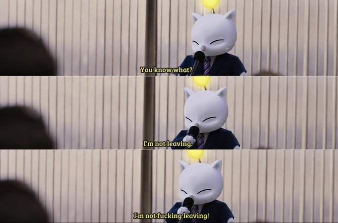 A person wearing a white cat-like mask stands at a microphone with three consecutive subtitles reading "You know what?", "I'm not leaving.", and "I'm not fucking leaving!" The meme humorously conveys an unwavering commitment to a community or belief—mirroring the post's enthusiastic dedication to spreading the word about Kupos and insisting on their value.