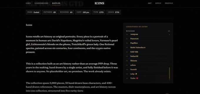 A webpage for the 'Icons' NFT collection that retells art history through original portraits, built as art history rather than an average PFP drop, featuring hand-drawn base characters from masters spanning 2,000 pieces, with a winners list including namesempanion, Pumcentro, and Papillon.