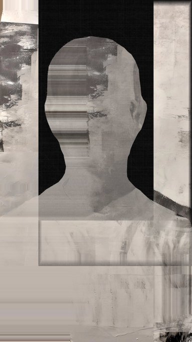 A black-and-white glitch-art style portrait features a woman's silhouette overlaid with digital distortions, horizontal scan lines, and textured brushstroke effects against a dark background.