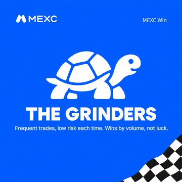 A promotional graphic for MEXC Win's "The Grinders" archetype, featuring a white turtle illustration on a blue background with the tagline "Frequent trades, low risk each time. Wins by volume, not luck." It visually represents the "🐢 Grinder" option from the post asking traders to identify their Infinity Arena archetype.