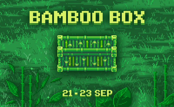 Pixel art style graphic with green bamboo background displaying "BAMBOO BOX" text and a green treasure chest, with "21 - 23 SEP" below.