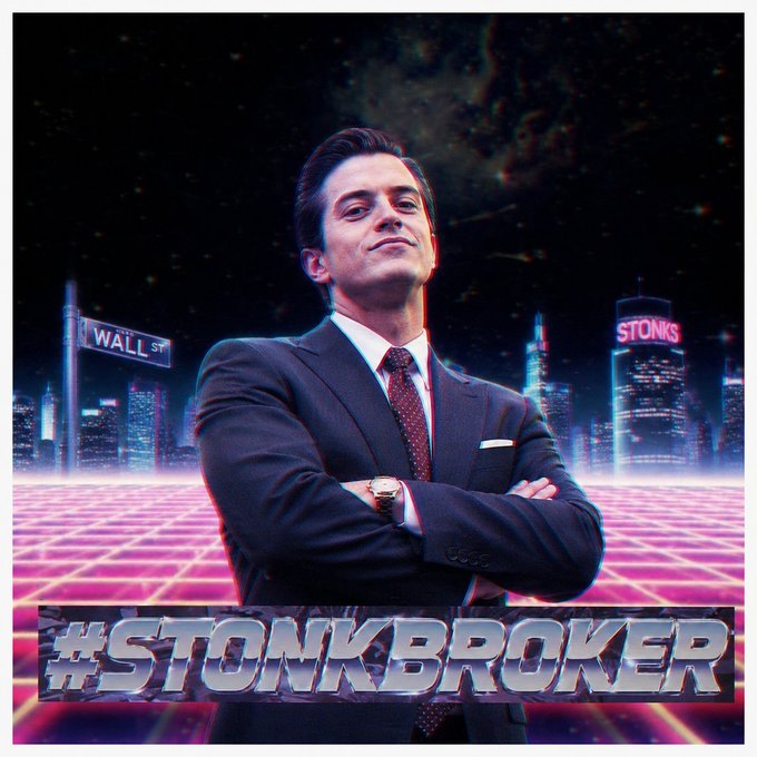 A retro synthwave-style poster featuring a smug man in a suit with arms crossed against a neon grid and cityscape, labeled '#STONKBROKER' with 'WALL ST' and 'STONKS' signs in the background.