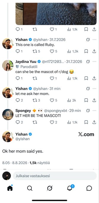 A screenshot of a Twitter/X thread where user Yishan introduces a chicken named Ruby, suggesting her as the mascot of r/dog, with other users agreeing.
