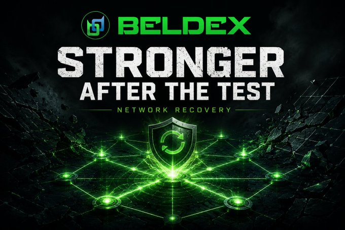 A promotional graphic for Beldex with the headline 'STRONGER AFTER THE TEST - NETWORK RECOVERY,' featuring a glowing green network shield icon against a dark, cracked background.