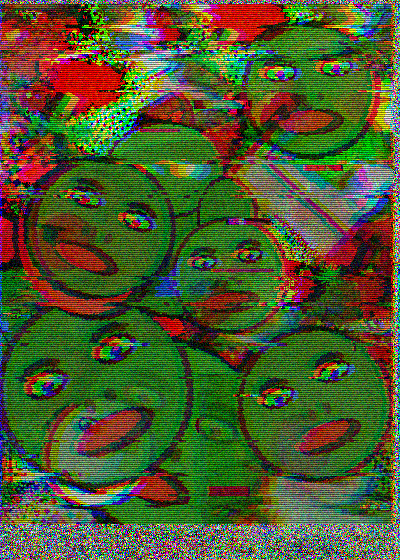 A heavily glitched, colorful image featuring Pepe the Frog faces with red RGB distortion effects and static noise overlay.