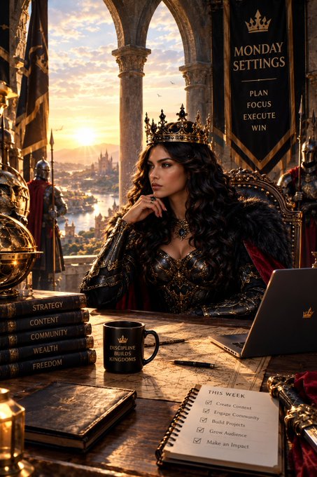 An AI-generated fantasy scene of a crowned queen at a desk overlooking a medieval kingdom, with motivational text including "MONDAY SETTINGS: PLAN FOCUS EXECUTE WIN" and a checklist titled "THIS WEEK" with tasks like "Create Content" and "Engage Community".