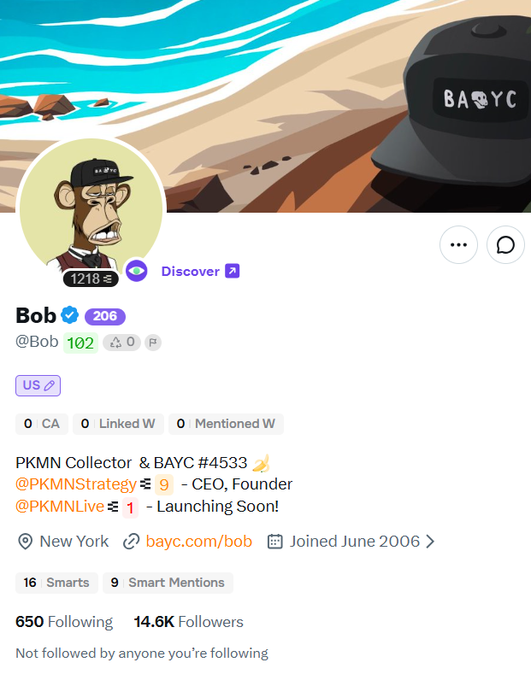 A Twitter profile page for 'Bob' (@Bob_102) showing a Bored Ape Yacht Club (BAYC) NFT as the profile picture, identifying as a 'PKMN Collector & BAYC #4533' with links to @PKMNStrategy and @PKMNLive, based in New York.