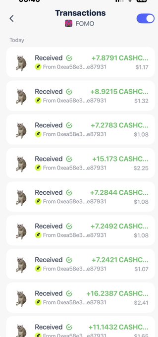 A mobile app screenshot showing a 'Transactions' page with multiple 'Received' CASHC entries from the same sender address, all marked with green checkmarks.