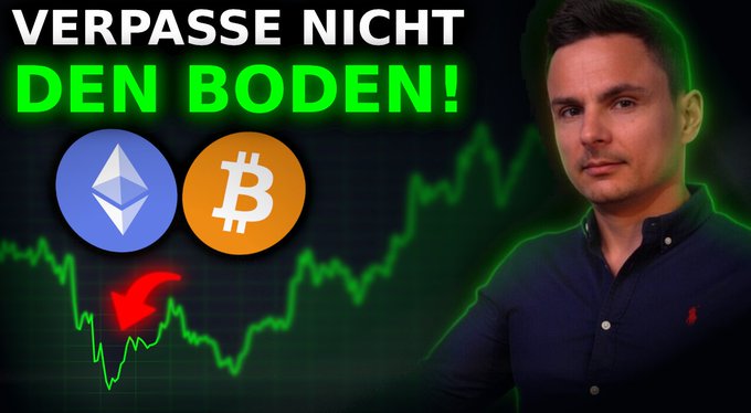 A YouTube thumbnail features a man in a dark shirt beside a green crypto chart showing a downward dip marked by a red arrow, with Bitcoin and Ethereum logos and bold German text reading "VERPASSE NICHT DEN BODEN!" ("Don't miss the bottom!"). The image visually supports the post's claim that altcoins are forming a bottom, capital is rotating into Ethereum, and Bitcoin is undergoing its final sell-off.