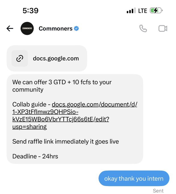 A screenshot of an iMessage conversation from 'Commoners' sharing a Google Docs link about an offer of '3 GTD + 10 fcfs to your community' with a 24-hour deadline, followed by a reply reading 'okay thank you intern'.
