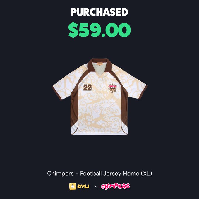 A product page displays a purchased item for $59.00: a 'Chimpers - Football Jersey Home (XL)', a tan and brown jersey with '22' and a chimp logo, credited to 'OMU x Chimpers'.
