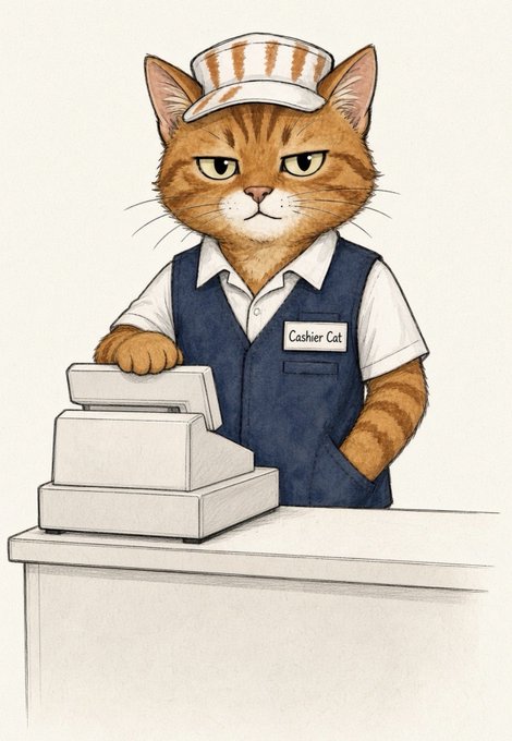 An illustration of an orange tabby cat wearing a striped cap and blue vest with a 'Cashier Cat' name tag, standing behind a cash register.