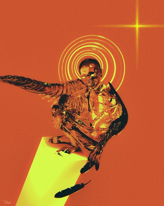 A surreal, orange-toned digital artwork depicts a skeletal, bronze-skinned figure crouching on a yellow beam with one arm extended outward, surrounded by glowing concentric rings and a bright star.