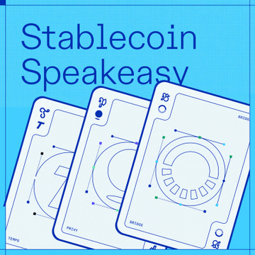 An illustrated graphic features three playing cards (7 of spades, Ace of spades, and 8 of clubs) displayed against a light blue background, with the text "Stablecoin Speakeasy" at the top, promoting an upcoming exclusive event at Bridge's Jackson Square HQ where guests can RSVP via luma.com/9d8d0eu8.