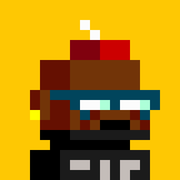 A pixel art illustration of a character with reddish-brown hair and glasses against a yellow background.