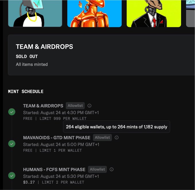 A screenshot of an NFT mint schedule showing a sold-out 'Team & Airdrops' collection, with a mint schedule listing phases for 'Team & Airdrops,' 'Mavanoids - GTD Mint Phase,' and 'Humans - FCFS Mint Phase,' all starting on August 24.