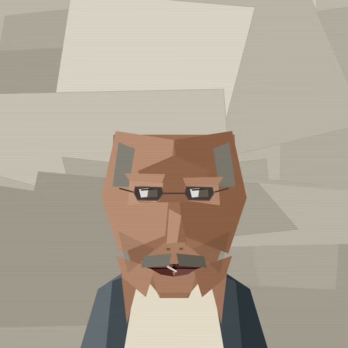 A low-poly 3D rendering of an older man's face with a grey beard, wearing glasses and smoking a cigarette.