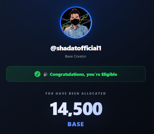 The image shows a BASE Creator allocation checker result for @shadatofficial1, displaying a "Congratulations, you're Eligible" message with an allocation of 14,500 BASE tokens. The screenshot appears to confirm the unofficial allocation tool mentioned in the post, demonstrating that the user has been allocated 14,500 BASE as a Base Creator.