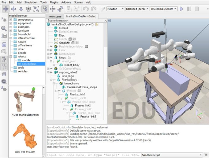 A CoppeliaSim robotics simulation interface showing a 7 DoF Franka manipulator arm with its scene hierarchy and console logs visible.