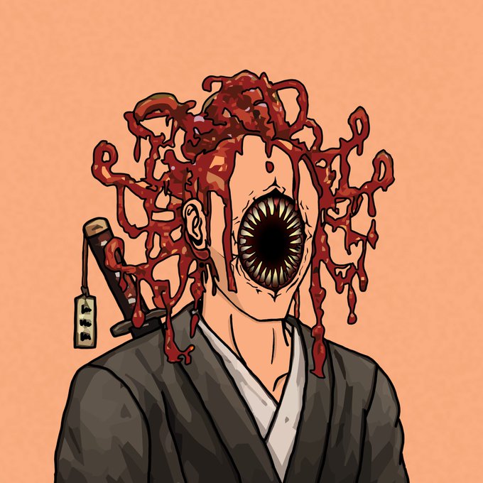 A dark illustration of a figure in traditional robes with a large, fanged maw replacing their face and red, vein-like tendrils emerging from their head, carrying a sword with a hanging tag.