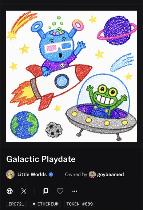 A child's crayon-style digital drawing titled 'Galactic Playdate' depicts a blue alien on a rocket and a green alien in a UFO among planets and stars, with metadata showing 'Little Worlds' owned by 'goybeamed' and 'ERC721', 'ETHEREUM', 'TOKEN #889'.