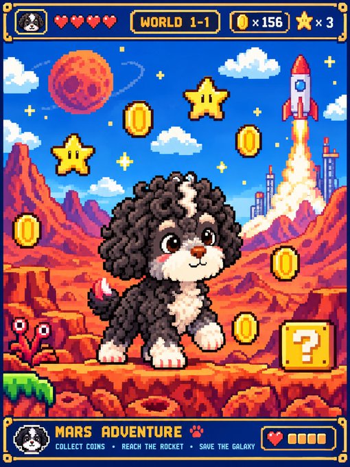 Pixel art illustration of a black and white puppy on a Mars landscape with coins, stars, and a rocket launching, titled 'MARS ADVENTURE' with 'WORLD 1-1' displayed at the top.