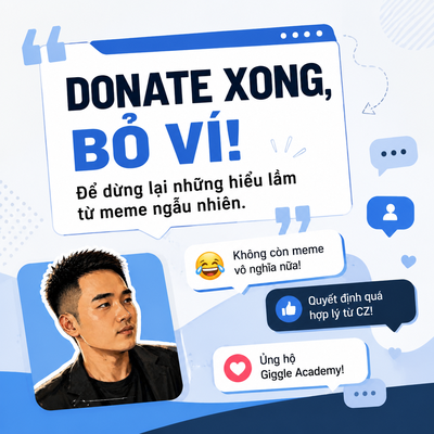 A Vietnamese-language advertisement featuring a man and chat bubbles promotes a donation appeal with text including "DONATE XONG, BỎ VÍ!" and "Ủng hộ Giggle Academy!"